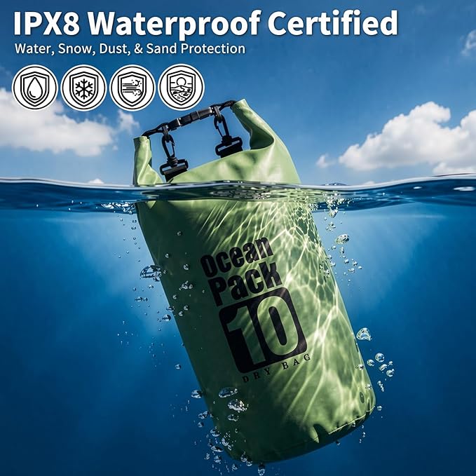 kullder Waterproof Backpack 10L, Roll Top Water Proof Dry Bag Army Green, Floating Dry Bag for Kayaking Camping Boating, Lightweight Hiking Backpack with 7" Black IPX8 Waterproof Phone Case