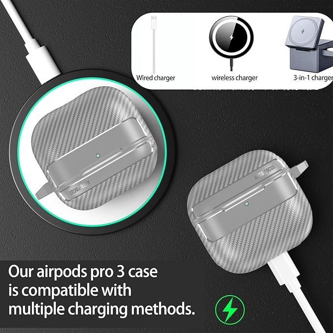 for Hard AirPods Pro 3 Case 2025|Cool Carbon Fiber Air Pods Pro 3 Case (Model A2700/A2931)|with Keychain|Airpod 3 Pro Cases for Man(Gray)