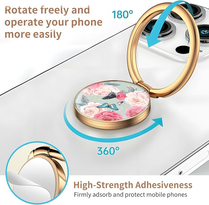 Cell Phone Ring Holder, Cute Metal Phone Grip Stand Finger Ring Kickstand, Flexible 360°Rotation Phone Tablet Case Accessories Compatible with Most Phones Pink Roses Butterfly