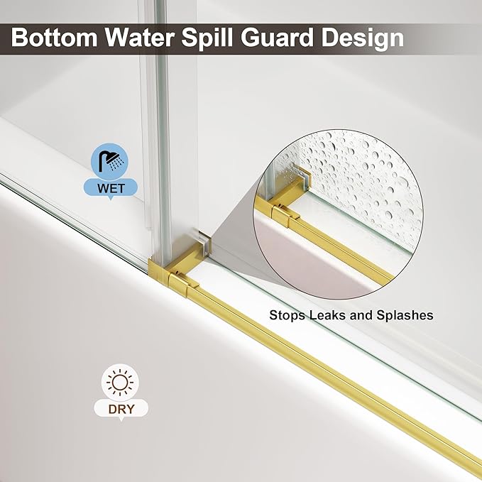 Frameless Shower Door,Single Sliding Glass Shower Door with Nano Coating & Safety Film, Adjustable 43"-48" W x 72" H, Brushed Gold,1/4" (6mm) SGCC Tempered Glass