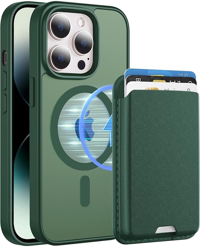 Magnetic for iPhone 13 Pro Case with Card Holder, Compatible with MagSafe, Slim Shockproof Phone Cover with Detachable Wallet, Built-in Magnet Ring, Green