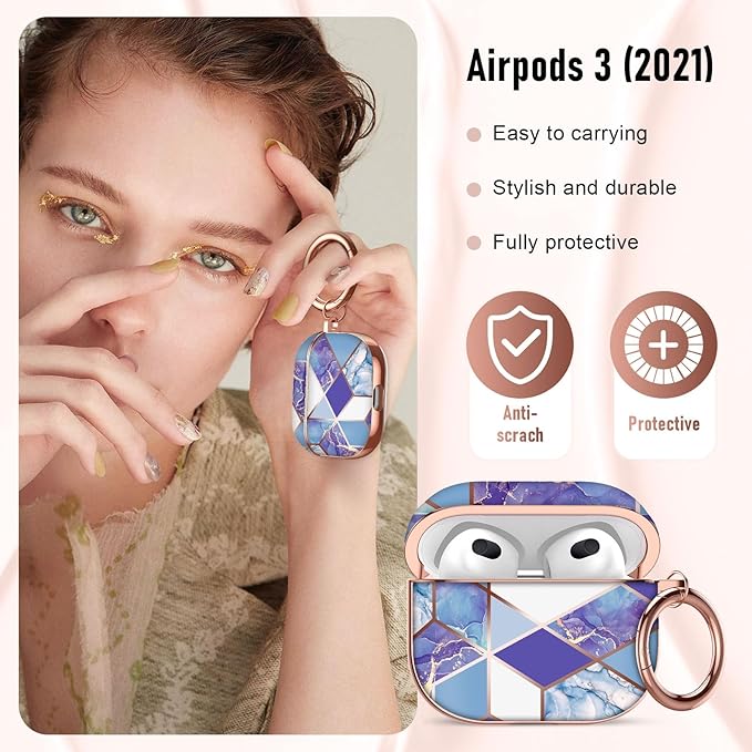 Maxjoy Graceful Marble Hard Protective Shockproof AirPods 3 Case Cover with Keychain, Compatible with Apple AirPods 3rd Generation Charging Case, Blue White