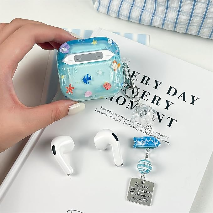 Compatible with AirPods 4 Case Soft TPU with Cleaner Kit Creative Cute Fish Star Keychain Shockproof Cover for Airpods 4th Generation(2024) -Blue