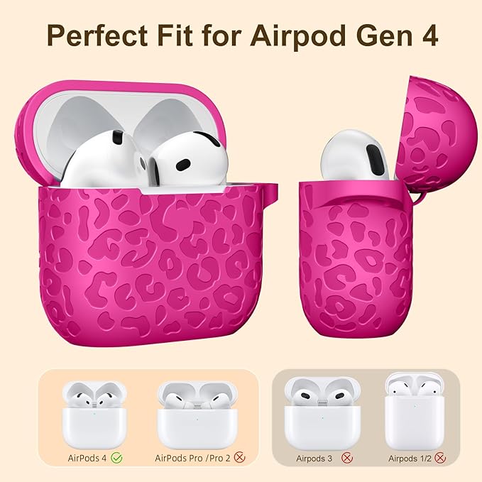 Leopard Engraved for AirPods 4 Case Cover 2024,Soft Silicone Protective Case Compatible with Apple AirPods 4th Generation Case for Women,Cute AirPod 4 Case Accessories with Keychain (Rosepink)