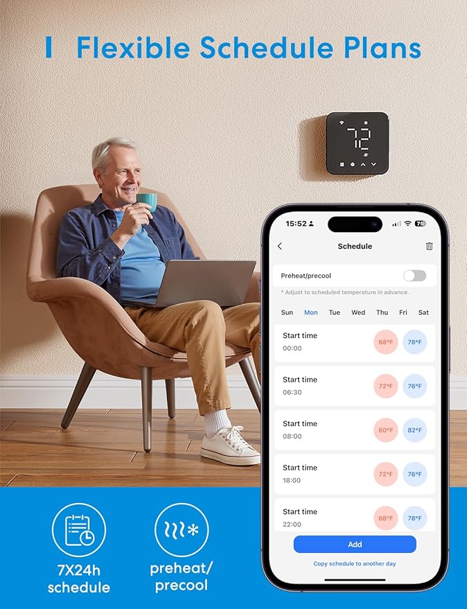 meross Smart Thermostat for Home, WiFi Thermostat Works with Matter, Alexa, Apple Home, Google Assistant, App & Voice Control, 7x24h Scheduling, Energy Saving, C-Wire Required