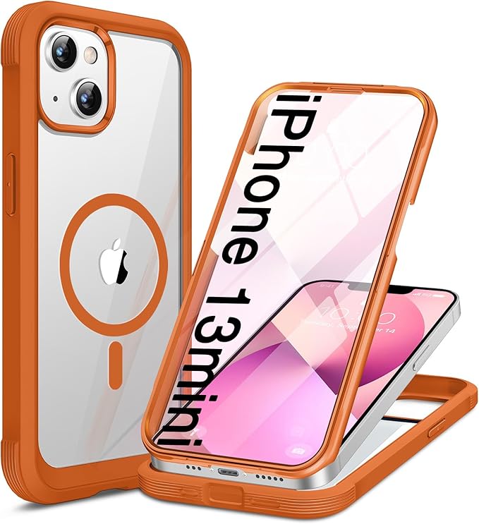 Miracase for iPhone 13 Mini Case 5.4",with MagSafe,Built in Screen Protector,Full-Body Protection(Orange)