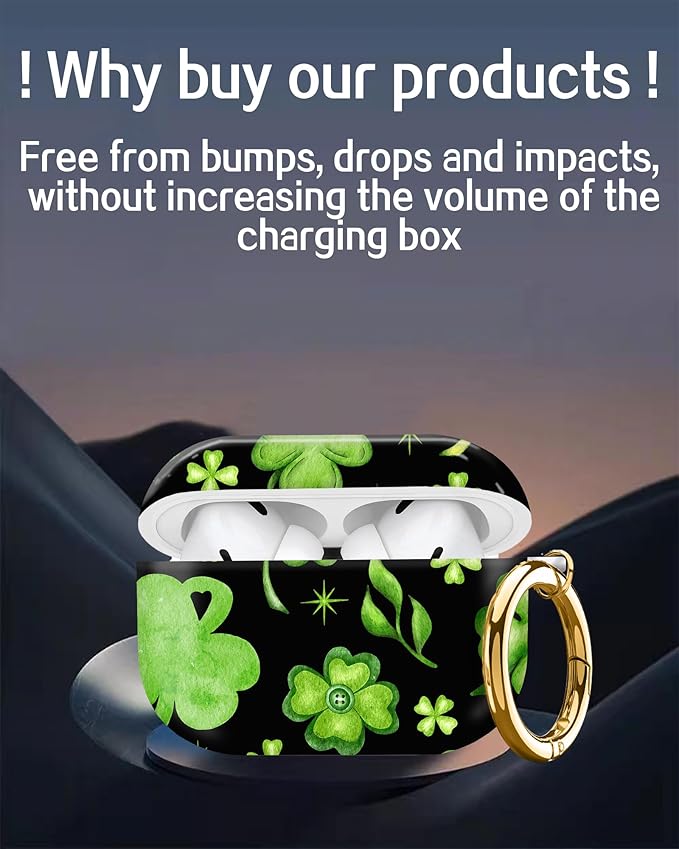 Cute Hard Case Compatible with AirPods Pro 2nd/1st Generation, Protective Cover with Golden Keychain, Fits 2023/2022/2019 Models, for Women, Girls, and Men(Green Leaves)