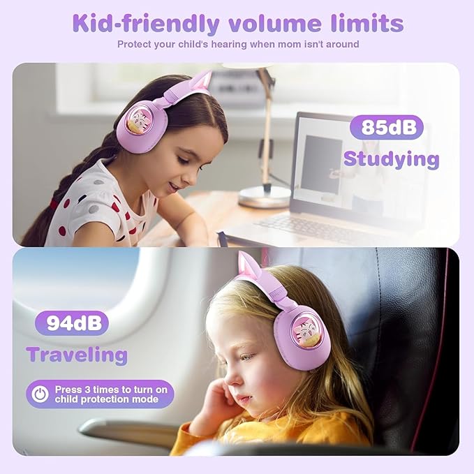 Cat Ear Headset, Kids Headphone Volume Limited 85dB, Wireless Bluetooth Over-Ear Foldable Headphone with Built-in Mic for Girls in Travel School with Phone Pad Tablet Laptop PC PS4, Xbox