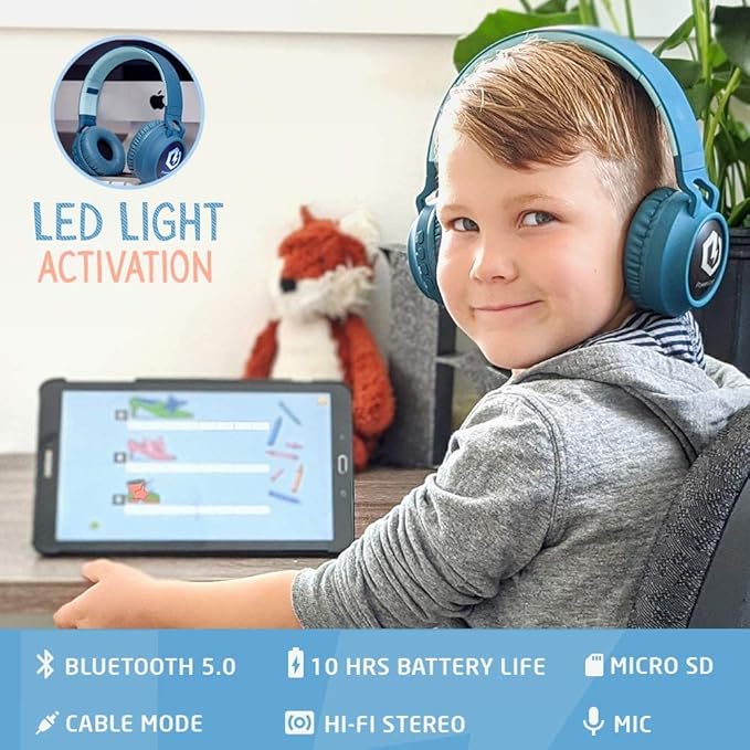 PowerLocus Kids Headphones Wireless, Bluetooth Headphones for Kids Over Ear, LED Lights, 85dB Safe Volume Limit, Foldable, Micro SD Mode, Built-in and Line-in Microphone for Phones,Tablets,Laptop