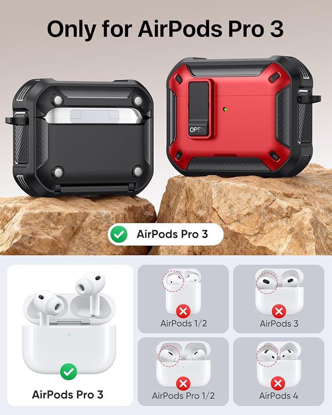MoKo for AirPods Pro 3 Case with Lock 2025 - Compatible with MagSafe, Phone Stand & Auto Pop-up for AirPods Pro 3rd Generation Case, Military-Grade Protective Cover with Cleaner Kit, Red+Black