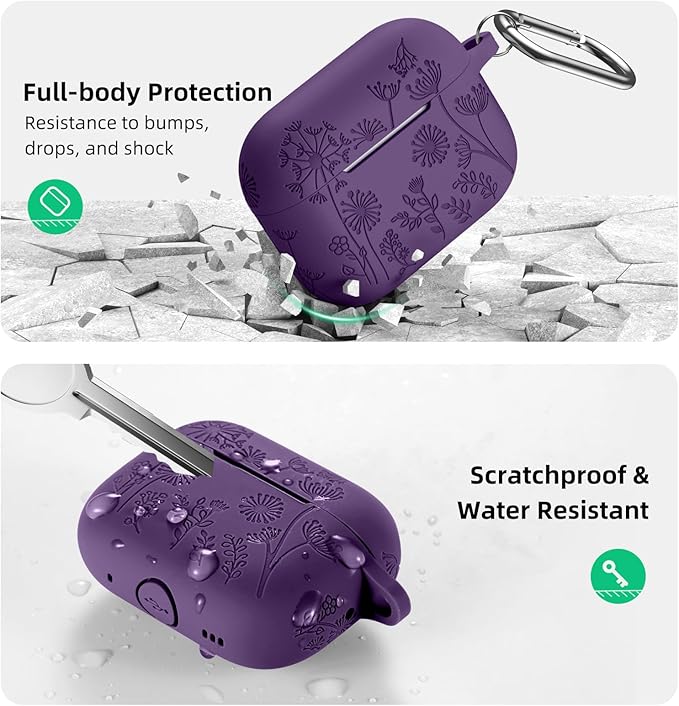 Lerobo Flower Engraved Case for Airpod Pro/Airpod Pro 2, Cute Silicone Skin Full Protective Cover Compatible with Apple Airpods Pro 2nd/1st Generation with Keychain Purple