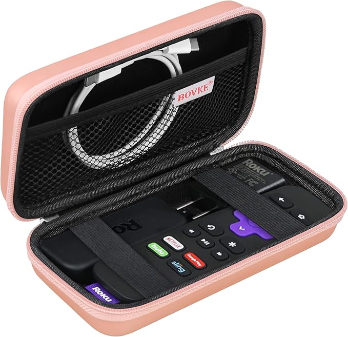 BOVKE Hard Case for Roku Voice Remote Controller, Streaming Stick+ / 4K, TV Steaming Stick 3820R/ 3821R/3941R, Extra Mesh Pocket for Adapters, Cables, Rose Gold