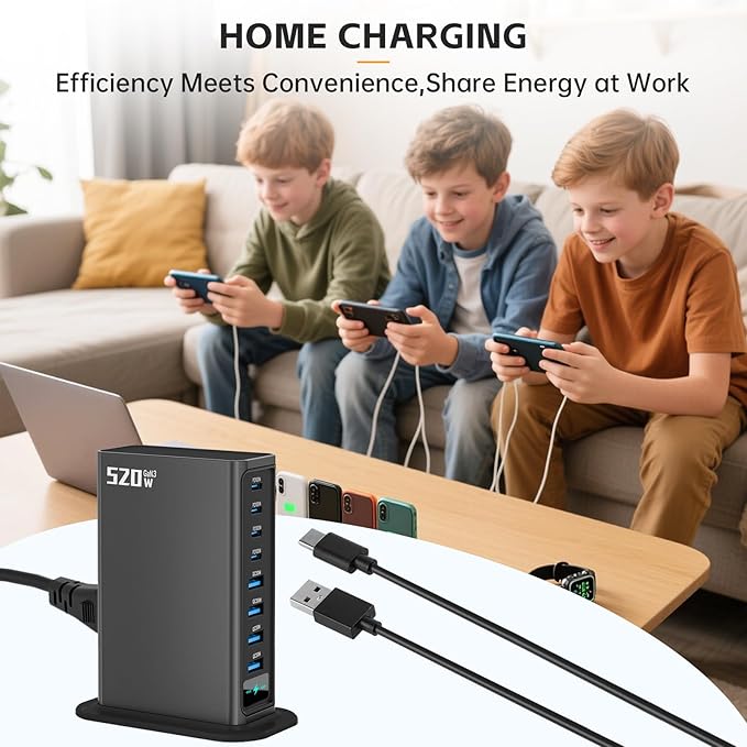 520W USB C Charger Block | 8 Ports GaN Fast Charging Station Hub|PD 100w Type C & USB A Laptop Cell Phone Charger Adapter | for MacBook Air/Pro, iPhone, iPad, Game Consoles | Travel Home Office Use