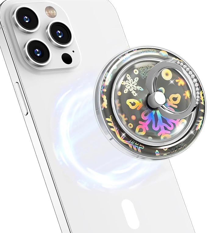 Transparent Magnetic Phone Grip Compatible with MagSafe Phone Ring Holder,360°Adjustable & Removable Silver Snowflake Diamond Laser Design Magnet Stand for Phones and Tablets
