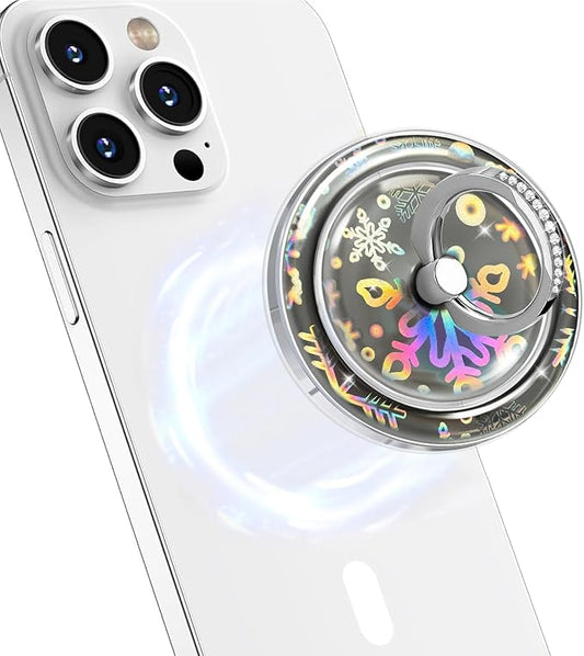 Transparent Magnetic Phone Grip Compatible with MagSafe Phone Ring Holder,360°Adjustable & Removable Silver Snowflake Diamond Laser Design Magnet Stand for Phones and Tablets