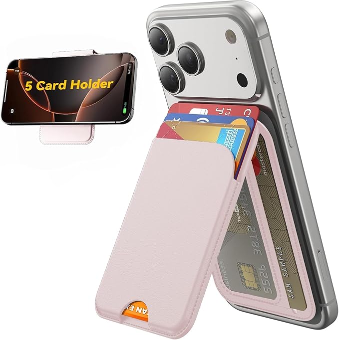 for MagSafe Wallet, 5 Cards Holder with Stand, Magnetic Phone Wallet Stand for iPhone 17/16/15/14/13/12 Pro Max Air Plus Series, RFID Blocking Vegan Leather,Pink