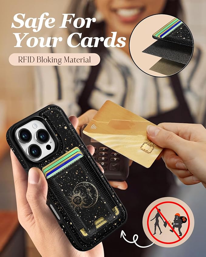 Shorogyt for iPhone 16 Pro Max Case Wallet - Fits 5 Cards, Compatible with Magsafe Detachable Magnetic Credit Card Holder Leather Cardholder Cute Phone Cover Women Girls for Apple 16 ProMax, Sun Moon