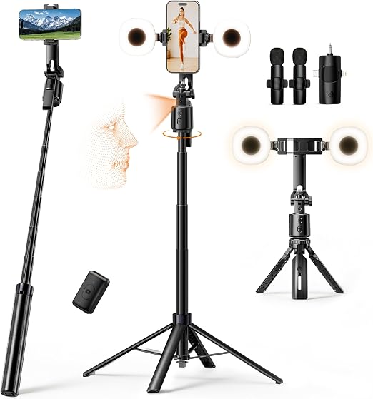 UBeesize 71" Vlogging Kit, Face Tracking Tripod, Desk Stand, Mics & Light