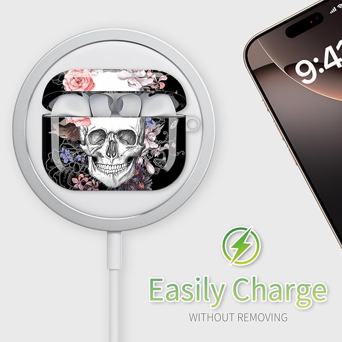 Compatible with AirPod Pro 3rd Generation Case 2025,Fashion Protective Cover with Keychain, Anti-Scratch, Drop Protection,Shockproof Cover for AirPod Pro 3 Women(Flower Skull Skeleton)