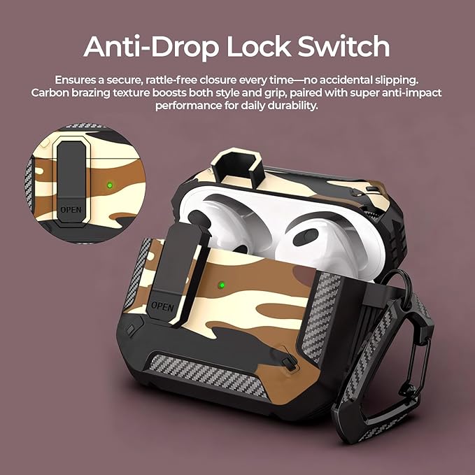 for AirPods Pro 3 Case, Secure Lock Cases Cover with Carabiner Compatible with Airpods Pro 3rd Generation Case, Full Body Shockproof Protective AirPod Case for Men Women (Camo Brown)