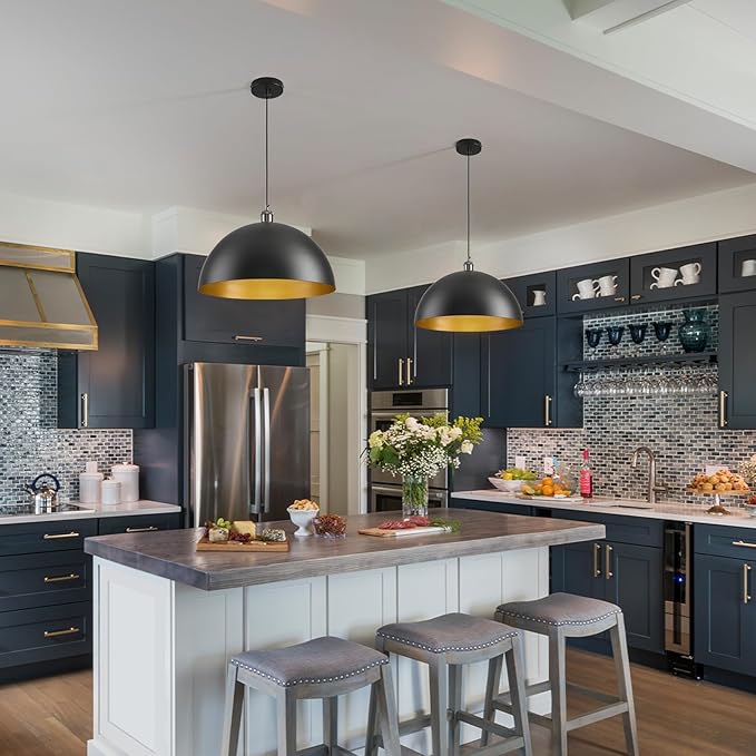 Black Pendant Light for Kitchen Island, 16 Inch Black and Gold Metal Dome Farmhouse Pendant Light Fixtures, Industrial Kitchen Pendant Lights Hanging Ceiling Light for Dining Room Foyer Cafe,2 Pack