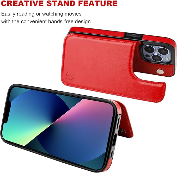 ONETOP Compatible with Magsafe for iPhone 13 Pro Wallet Case with Card Holder, PU Leather Kickstand RFID Blocking Case, Double Magnetic Clasp and Durable Shockproof Cover 6.1 Inch (Red)
