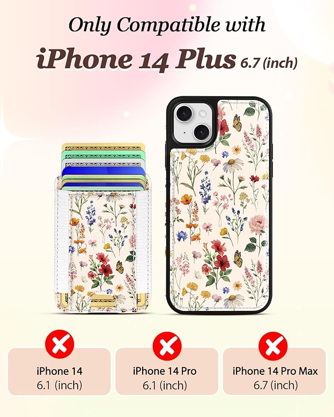 Shorogyt for iPhone 14 Plus Wallet Case - Fits 5 Cards, Compatible with Magsafe Detachable Magnetic Credit Card Holder Leather Cardholder Cute Phone Cover Women Girls for Apple 14Plus, Floral