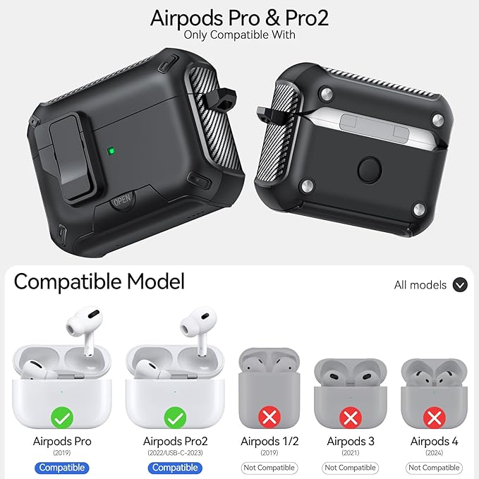 for AirPods Pro 2nd/1st Case (2023/2022/2019) with Phone Stand,（with Automatic Snap Switch） Carbon Fiber Design Protection Cover with Cleaning Pen,Black