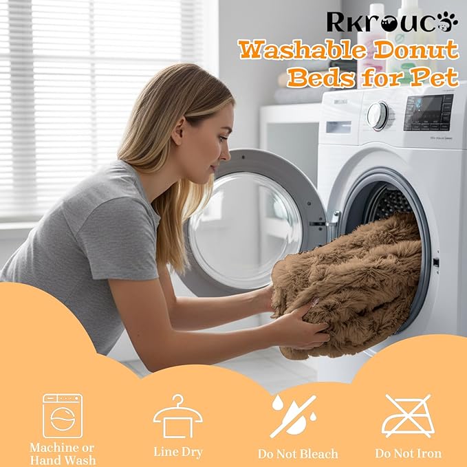 Fluffy Dog Bed Calming Donut Beds for Large Dogs Warming Round Small Medium Pet Nest Cozy Cat Mattress Indoor Washable Puppy Kennel Kittens Sleep Mat (L, 35.4×35.4 inch, Light Brown)