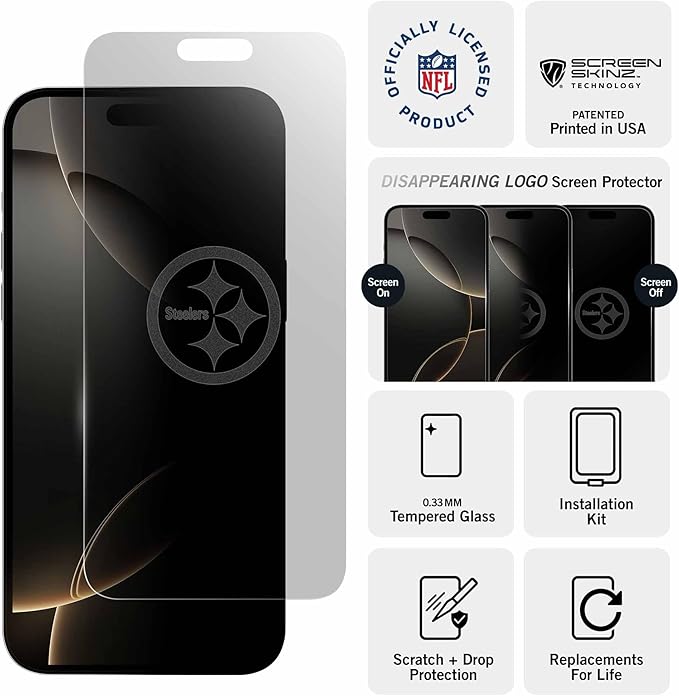 NFL Pittsburgh Steelers Clear Screen Protector for 14 Pro Max - with Disappearing Logo - Scratch-Resistant and Easy-to-Install Screen Protectors (Includes Installation Tray)