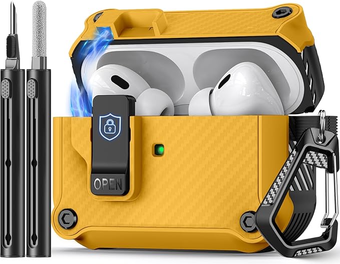 Compatible with AirPods Pro 2nd/1st Case,Magnetic Automatic Lock with Cleaning Kit,Compatible with Magsafe,Carbon Fiber Texture Cover -Yellow