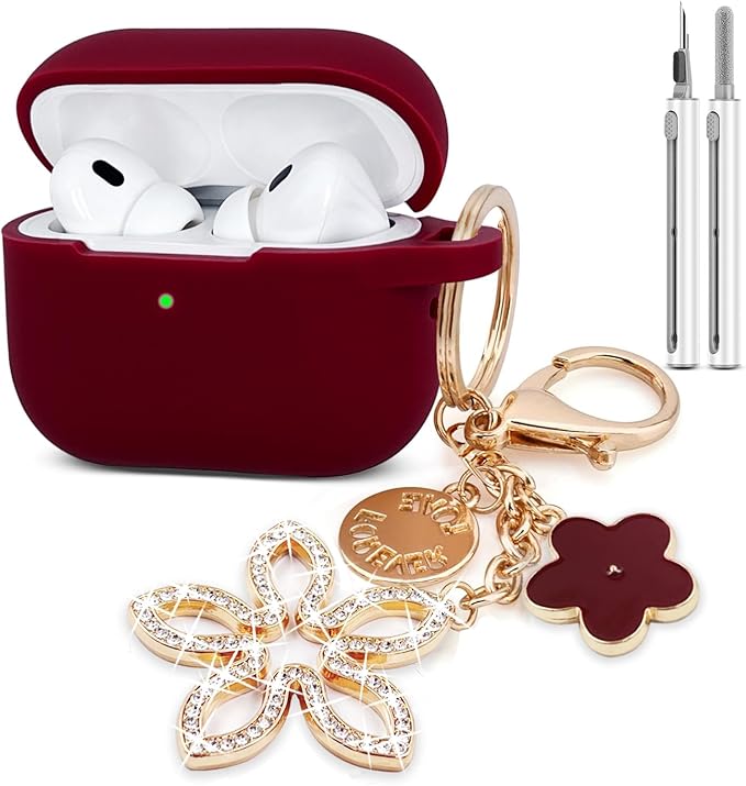 Compatible with AirPods Pro 2nd Generation Case with Cleaner Kit, Silicone Protective Case for Apple AirPod Pro 2nd/1st Earbuds Wireless Charging Cases with Bling Keychain (Burgundy Red)