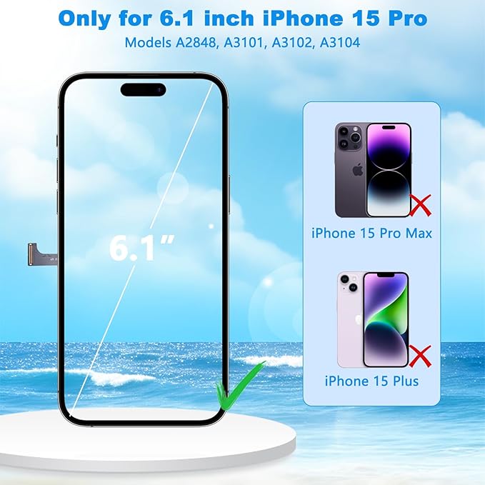 for iPhone 15 Pro Screen Replacement Black 6.1 Inch, LCD Touch Digitizer Complete Display for A2848, A3101, A3102, A3104,with Waterproof Seal+Tempered Glass+Repair Tools