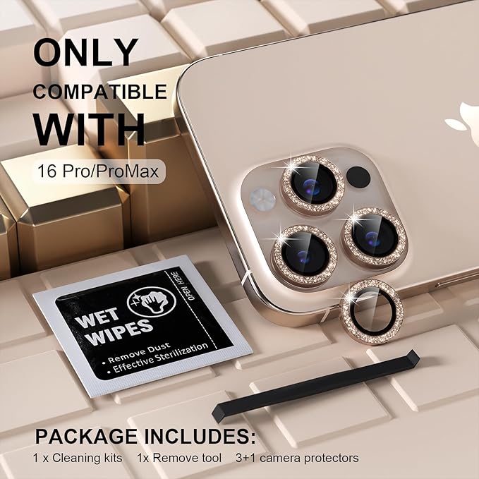 Misea Compatible for iPhone 16 Pro/iPhone 16 Pro Max Camera Lens Protector Bling, 9H Tempered Glass Camera Cover Screen Protector Metal Individual Ring Protector Decoration, Desert Titanium Glitter