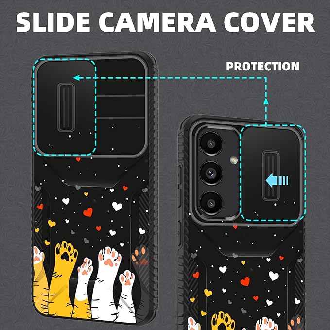 for Galaxy S24 FE Case Built in Slide Camera Lens Cover,Heavy Duty Shockproof Protection Dual Layer Case for Samsung Galaxy S24 FE 5G 6.7" 2024,Cute Cat Paw Heart