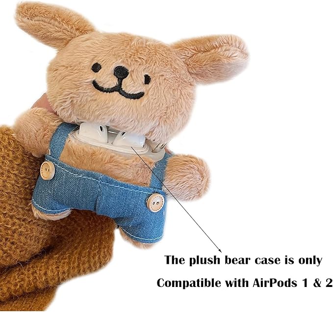YOKVOOK Plush Bear Case Compatible with AirPods 1&2,Kawaii Cute 3D Cartoon Fur Khaki Puppy Wearing Overalls Funny with Keychain Protector Women Girls