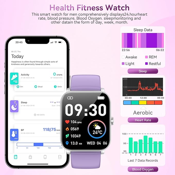 Smart Watch for Men Women, 120+ Sports Modes, Bluetooth Calls/Messages, 1.85" HD Touch Screen, IP68 Waterpro of Fitness Tracker with Heart Rate/Sleep Monitor, Compatible with Android/iOS (Purple)