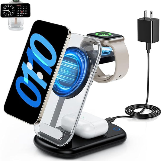 2026 Traveling Wireless Mag-Safe Fast Charging Station,Magnetic 3 in 1 Charger with Light for iPhone 17 16 15 14 13 12 Pro Max Plus,Apple Watch & Air pods 4 3 2 Pro-Gifts for Wife & Husband(Black)