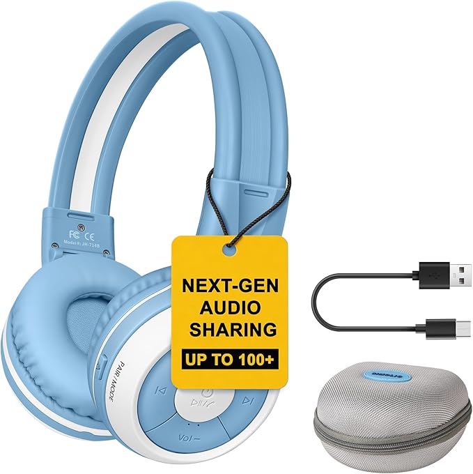 SIMOLIO Auracast Kids Headphones with Wireless Audio Sharing for Group Listening - Connect Multiple Headsets to One Bluetooth Source, Built-in Microphone, Foldable for Classroom, Trips & Home