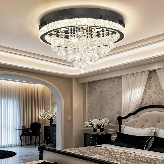 Dia 24" Modern Crystal Chandeliers for Dining Room,Black Raindrop Chandelier Flush Mount Chandeliers for Living Room Bedrooms Dining Room Dimmable 2700k 4500k 6000k