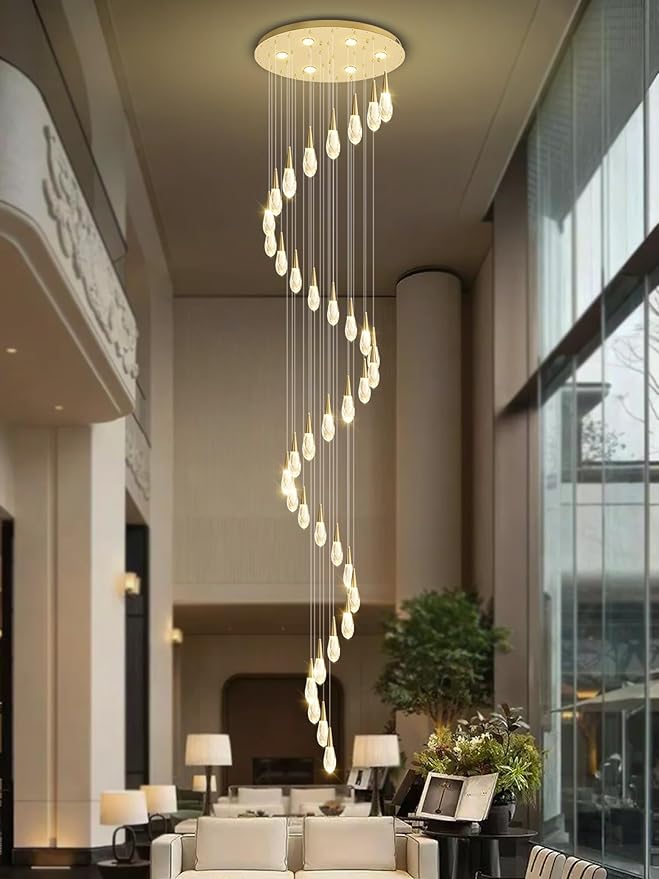 H 177" Moderm Extra Large Chandelier 36-Lights Foyer Chandelier for High Ceiling Crystal Pendant Light Fixture Raindrop Chandeliers for Staircase Villa Living Room (Gold