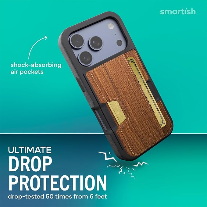 Smartish® iPhone 17 Pro Wallet Case - Wallet Slayer Vol. 2 [Slim + Protective] Credit Card Holder w/Kickstand - Drop Tested Hidden Card Slot Cover for Apple iPhone 17 Pro - Walnut Woods