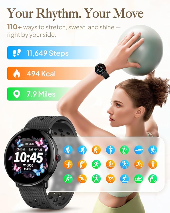 Smart Watch for Women Men, for Android iOS with Sleep & Calorie Monitor, Pedometer Fitness Tracker, Bluetooth Call, IP68 Waterproof, 112+ Sport Modes Round Face Smartwatch (Black)