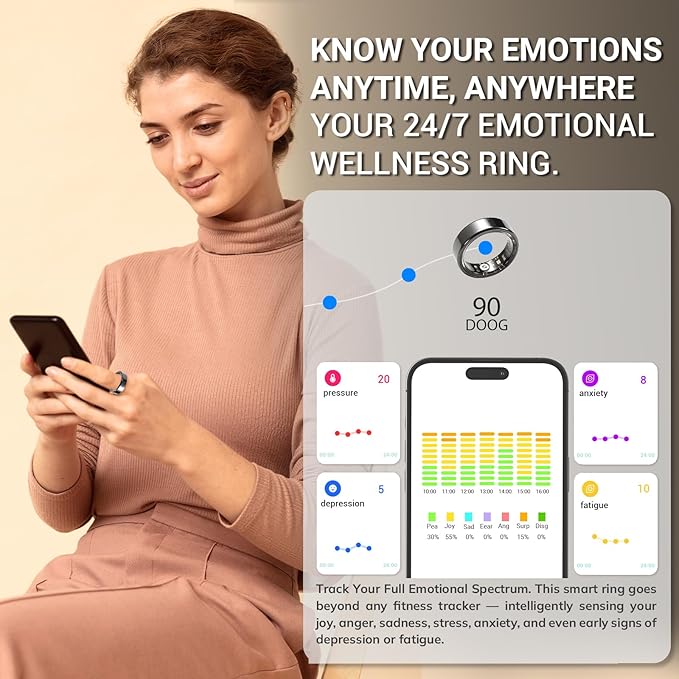 Mworld Smart Ring, Fitness & Health Tracker with Emotional AI Analysis, Sleep Monitor, Heart Rate/SpO2 Tracking, 10ATM Waterproof for Men and Women - Ceramic Material (Black, 11)