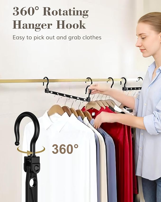 Space Saving Hangers, 8-Pack Reinforced Collapsible Hangers with 360° Swivel Hook, Hanger Hooks Space Saver for Closet Organizers and Storage, Dorm Room Essentials, Fully Assembled, Black