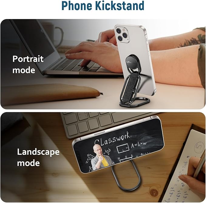 [2025 New] Mindsky Phone Grip for Kickstand Compatible with Finger Loop, 3-in-1 Phone Ring Holder Strap for All Mobile Phones-Black (Ligament Type) (3 in 1 Phone Ring Holder) (3M Adhesive Phone Ring)