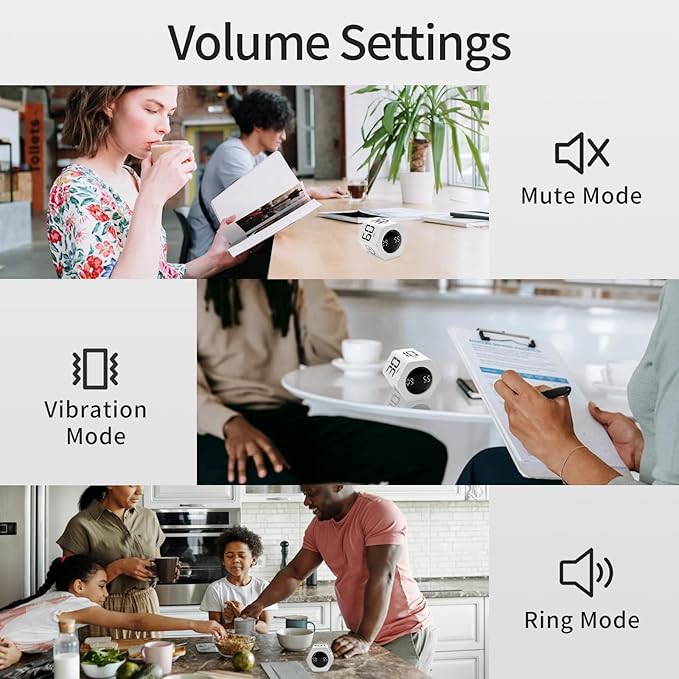 Productivity Timer Flip Gravity Sensor Pomodoro Cube Timer Countdown & Countup,1/5/10/30/60min Preset & Custom Timing, Mute/Vibrate/Sound for ADHD,Work,Study,Kitchen(1, White Hexagon)
