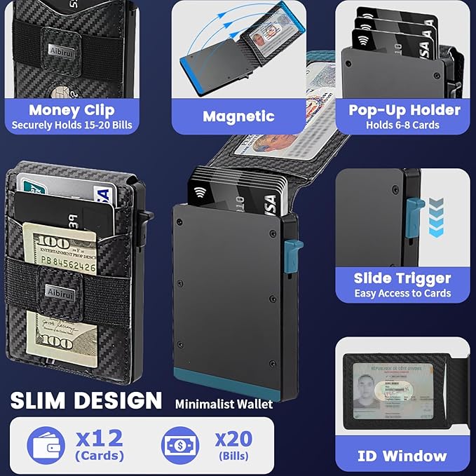 Pop Up Wallet for Men with Money Clip, Slim Minimalist-Business Card Case,Carbon Fiber Slots Credit Card Holder RFID Blocking Bifold Slim Wallet with ID Window(Black Slim Wallet for Men Gift)