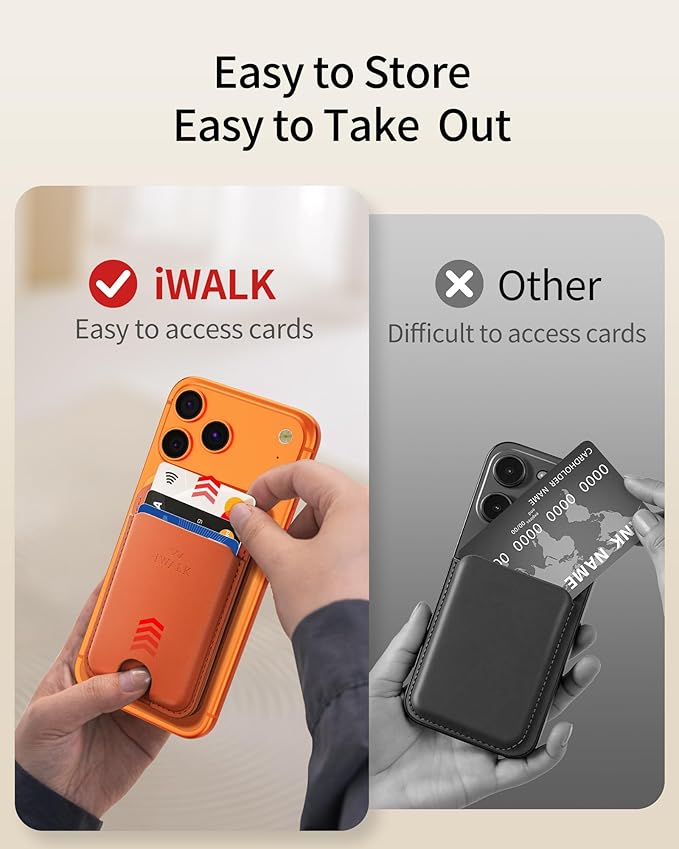 iWALK Stronger Magnetic Wallet, Upgraded for MagSafe Wallet, RFID Blocking, 5 Card Holder with Adjustable Stand, Slim Leather Phone Wallets for iPhone 17/16/15/14/13/12 Series, iPhone Wallets Orange