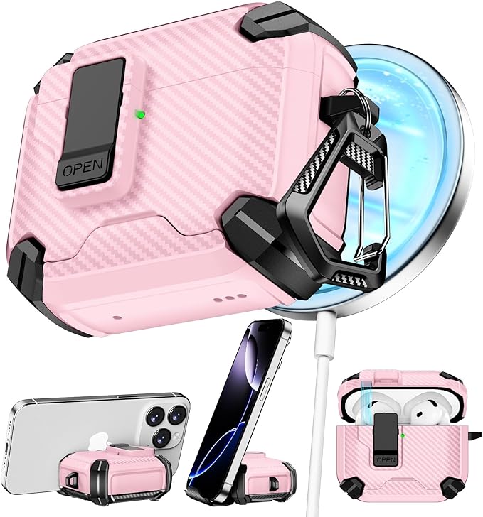 Compatible with AirPods 4 Case,Magnetic Automatic Lock with Phone Stand & Cleaning Kit,Compatible with Magsafe,Carbon Fiber Texture Cover -Pink